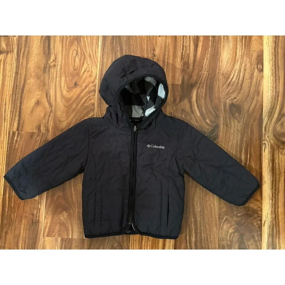 Columbia Double Trouble Reversible Jacket, Black and White Buffalo Plaid, Size 2